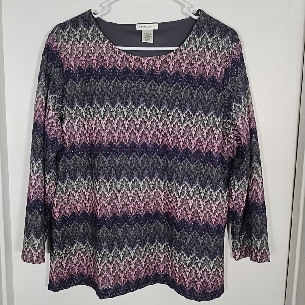 Laura Ashley L Lace Blouse Top 3/4 Sleeve Lined Pink Purple Gray Metallic Silver
